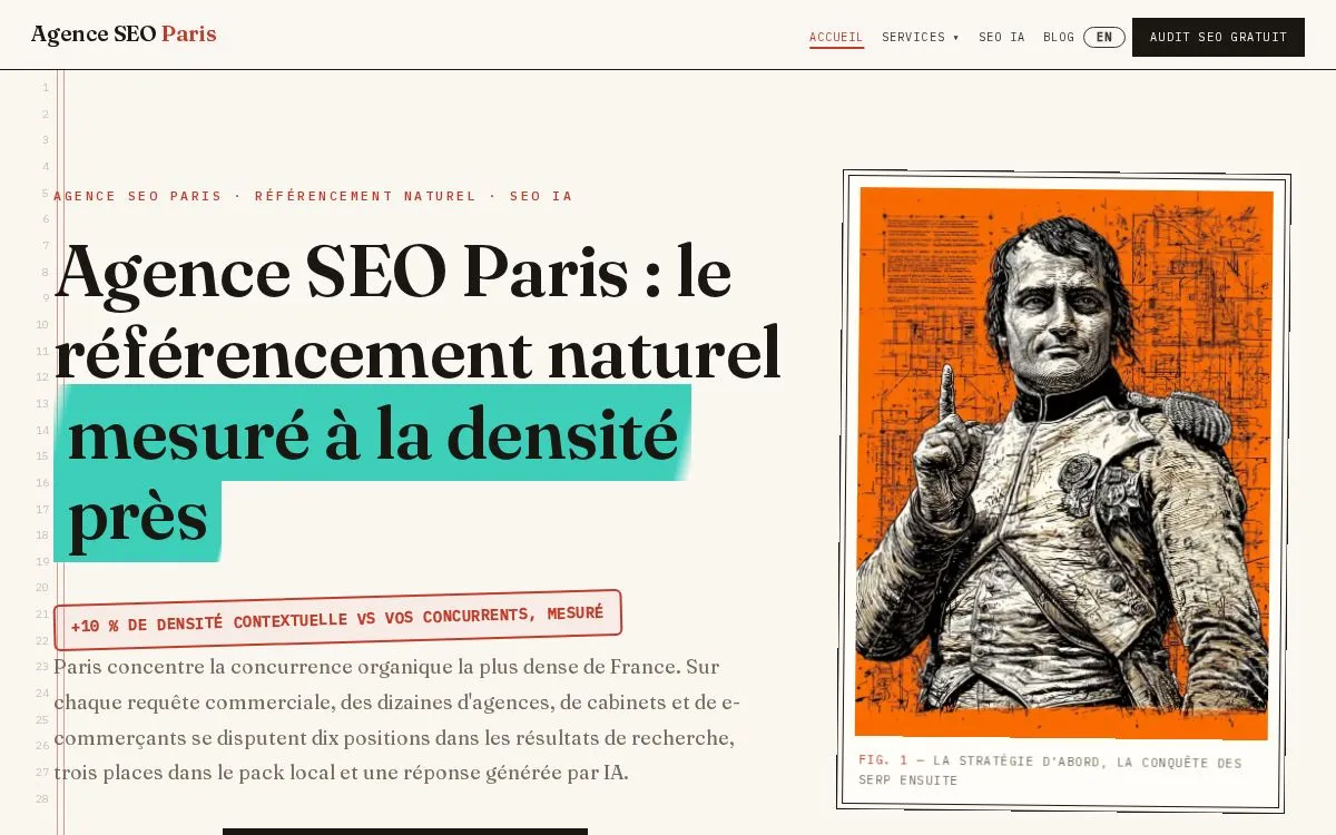 Agence SEO Paris : la page mesurée, au-dessus de la ligne de flottaison, capturée le 18 septembre 2026
